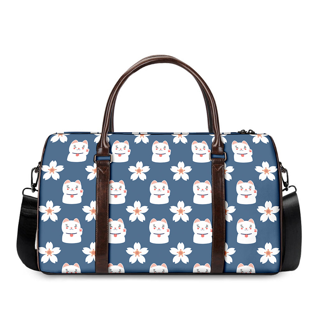 Japanese Lucky Cat And Sakura Print Duffle Bag