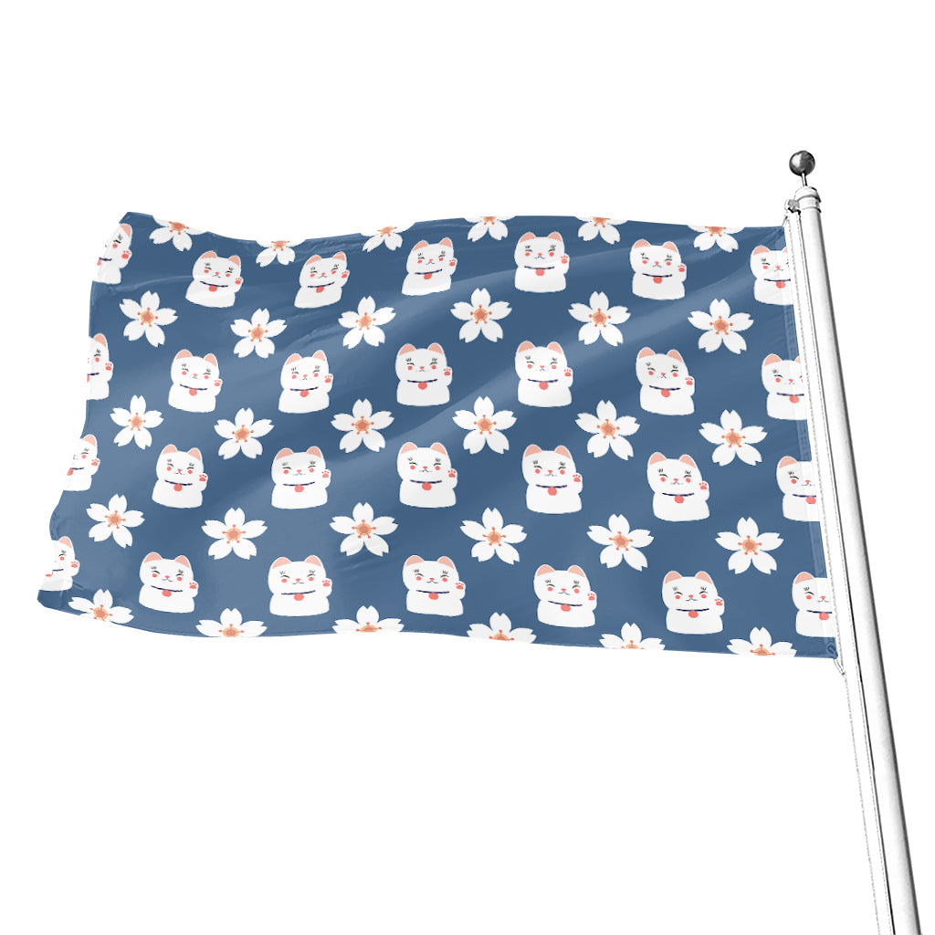 Japanese Lucky Cat And Sakura Print Flag