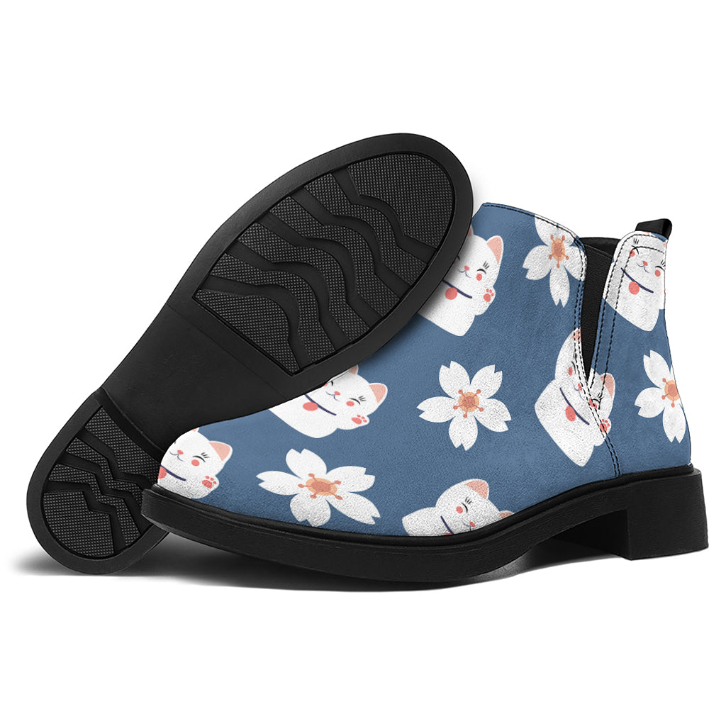 Japanese Lucky Cat And Sakura Print Flat Ankle Boots