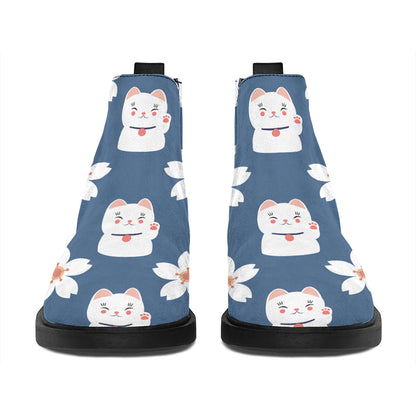 Japanese Lucky Cat And Sakura Print Flat Ankle Boots