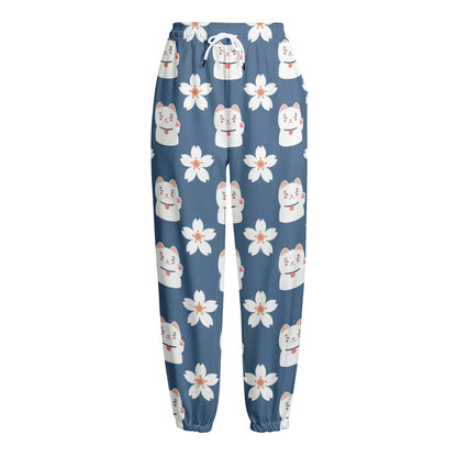 Japanese Lucky Cat And Sakura Print Fleece Lined Knit Pants