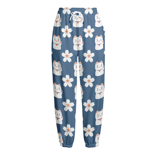 Japanese Lucky Cat And Sakura Print Fleece Lined Knit Pants