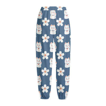 Japanese Lucky Cat And Sakura Print Fleece Lined Knit Pants