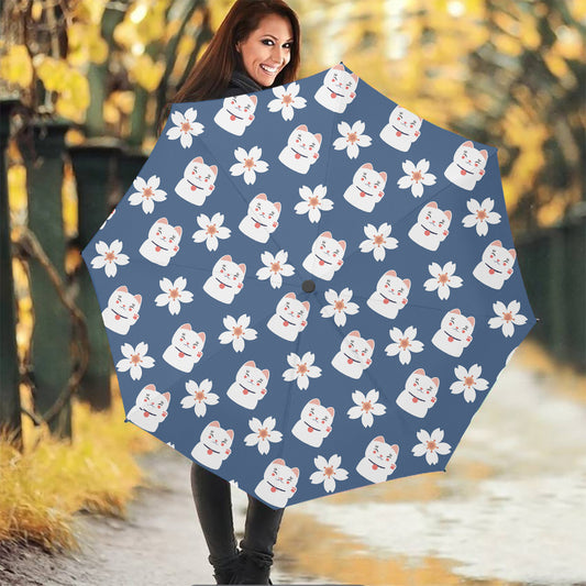 Japanese Lucky Cat And Sakura Print Foldable Umbrella