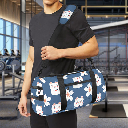 Japanese Lucky Cat And Sakura Print Gym Bag