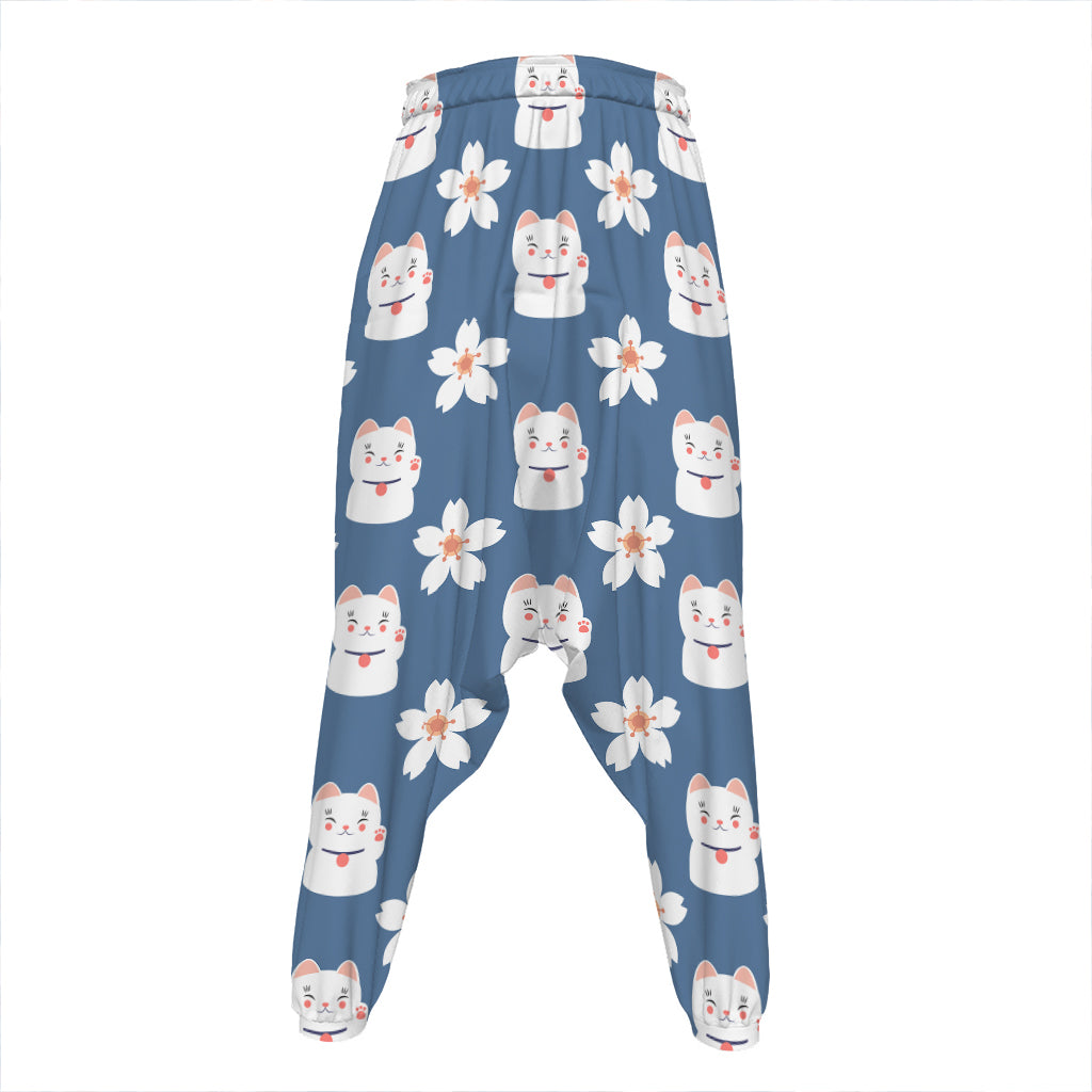 Japanese Lucky Cat And Sakura Print Hammer Pants