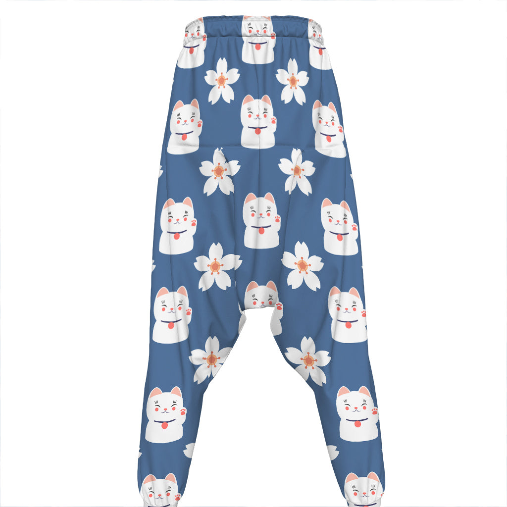 Japanese Lucky Cat And Sakura Print Hammer Pants