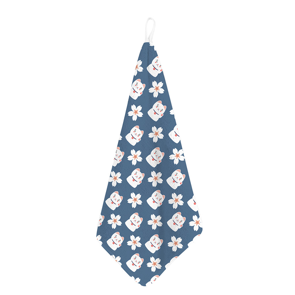 Japanese Lucky Cat And Sakura Print Hand Towel