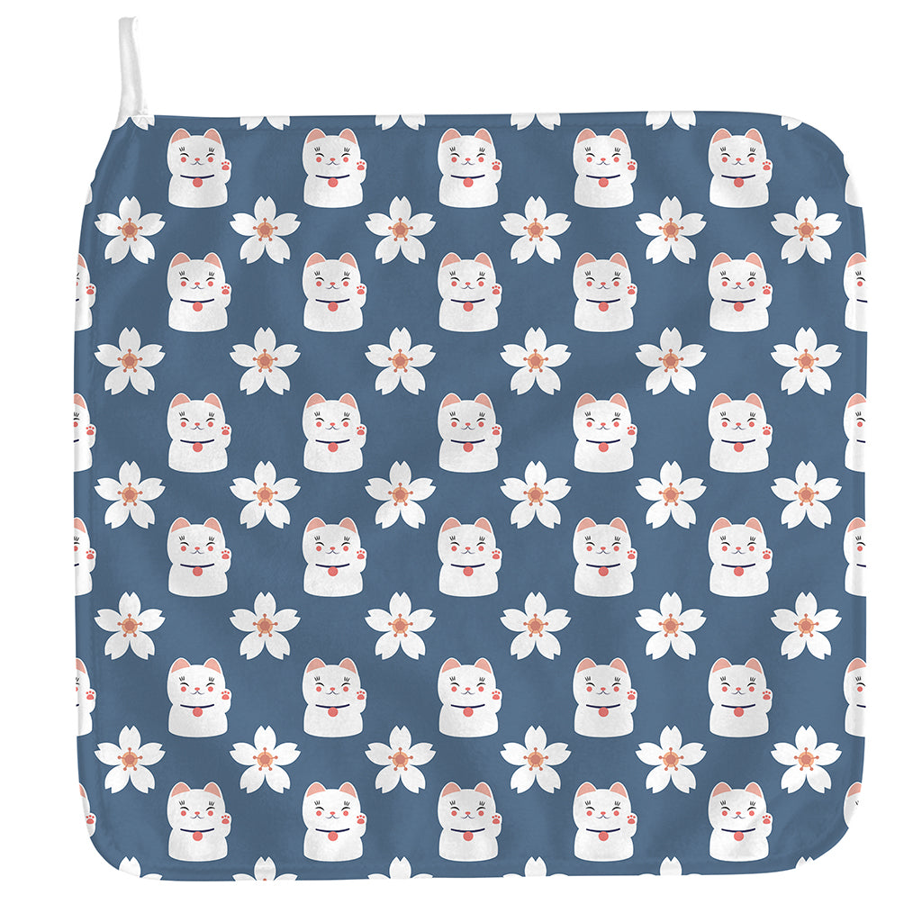 Japanese Lucky Cat And Sakura Print Hand Towel