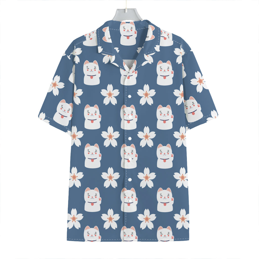 Japanese Lucky Cat And Sakura Print Hawaiian Shirt