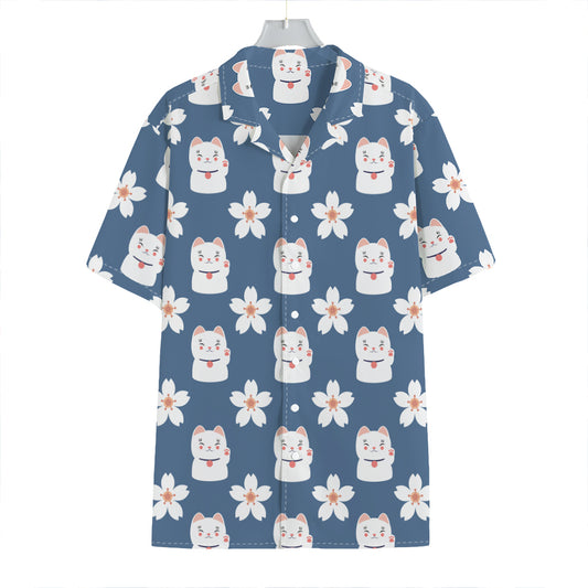 Japanese Lucky Cat And Sakura Print Hawaiian Shirt