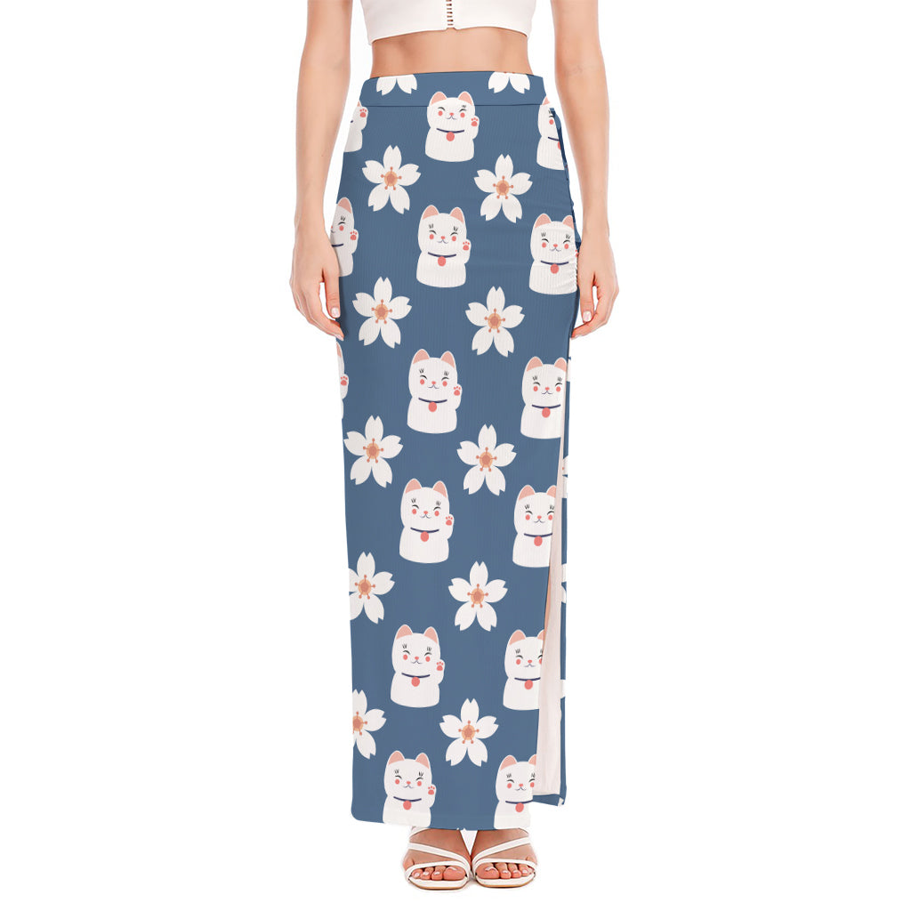 Japanese Lucky Cat And Sakura Print High Slit Maxi Skirt