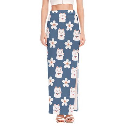 Japanese Lucky Cat And Sakura Print High Slit Maxi Skirt