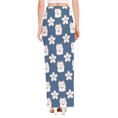Japanese Lucky Cat And Sakura Print High Slit Maxi Skirt