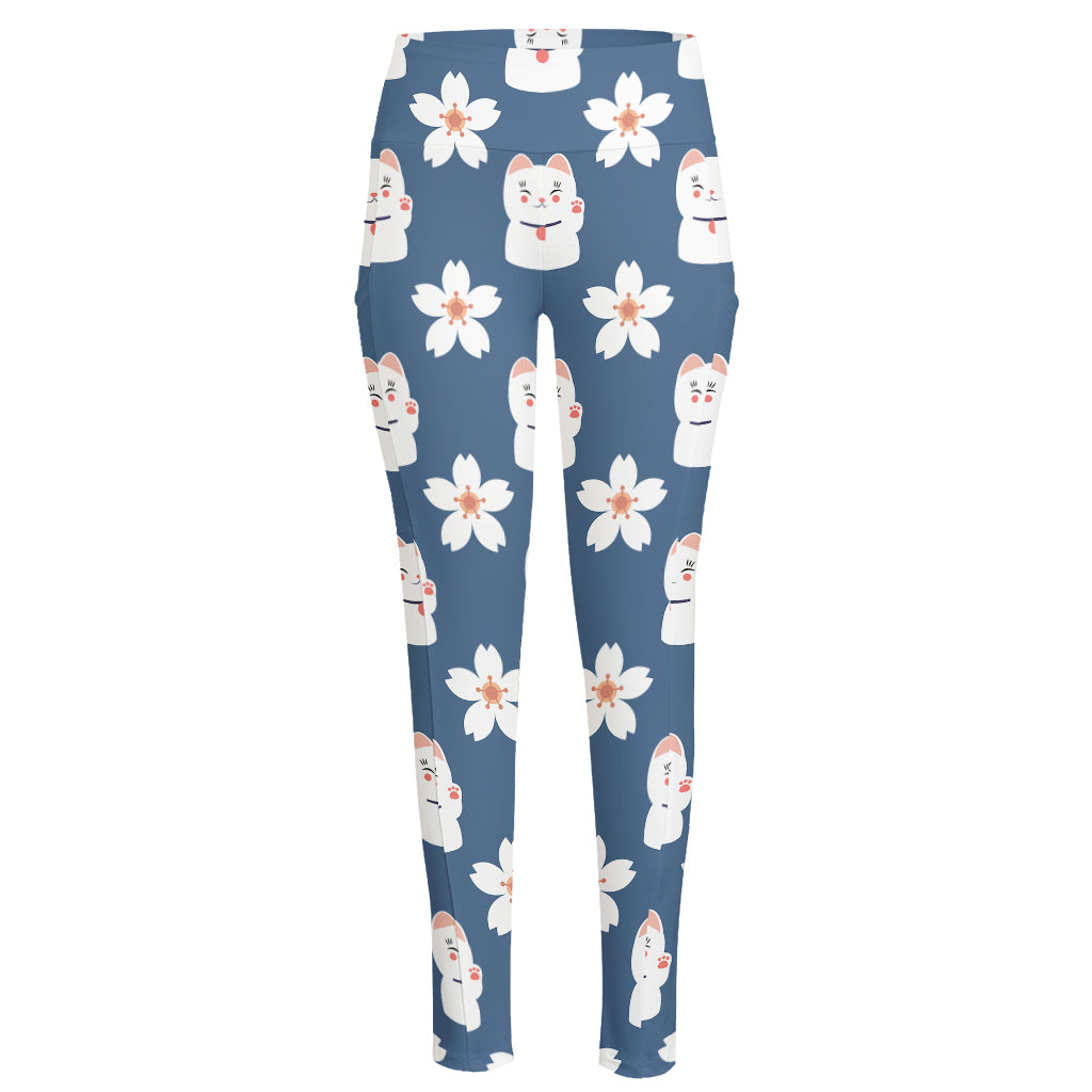Japanese Lucky Cat And Sakura Print High-Waisted Pocket Leggings