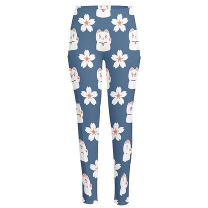 Japanese Lucky Cat And Sakura Print High-Waisted Pocket Leggings