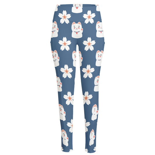 Japanese Lucky Cat And Sakura Print High-Waisted Pocket Leggings