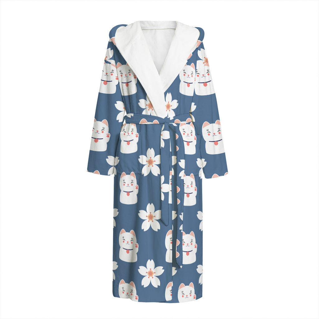 Japanese Lucky Cat And Sakura Print Hooded Bathrobe