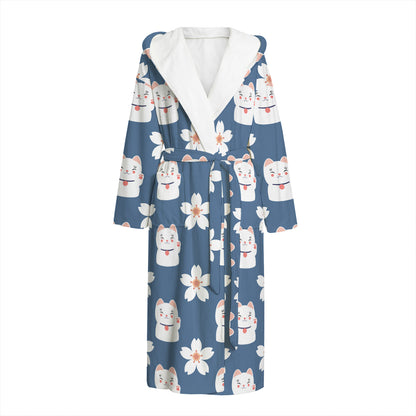 Japanese Lucky Cat And Sakura Print Hooded Bathrobe