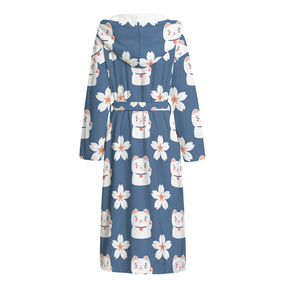 Japanese Lucky Cat And Sakura Print Hooded Bathrobe
