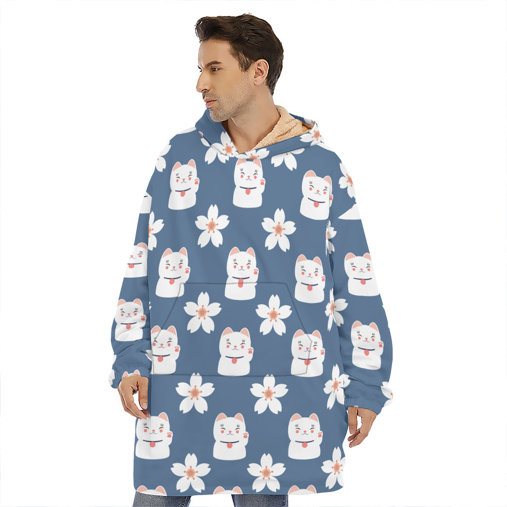 Japanese Lucky Cat And Sakura Print Hoodie Blanket