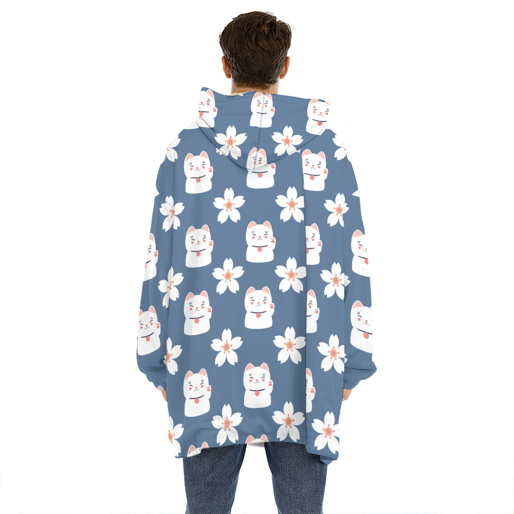 Japanese Lucky Cat And Sakura Print Hoodie Blanket