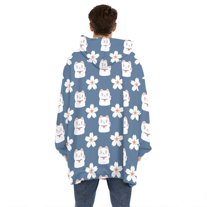 Japanese Lucky Cat And Sakura Print Hoodie Blanket