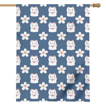 Japanese Lucky Cat And Sakura Print House Flag