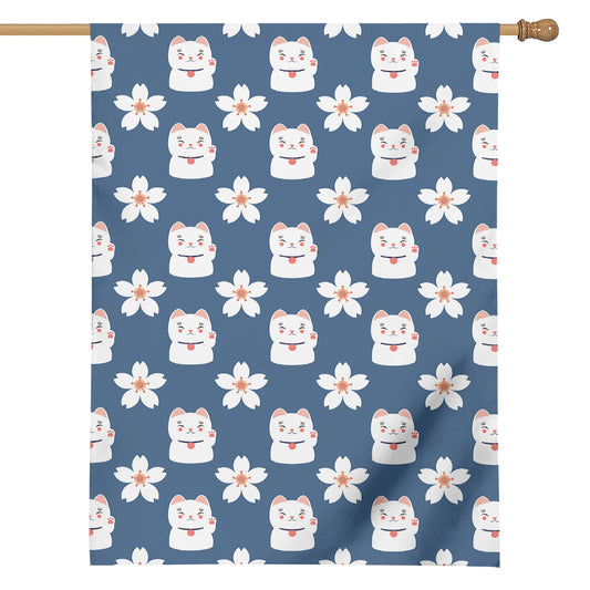 Japanese Lucky Cat And Sakura Print House Flag