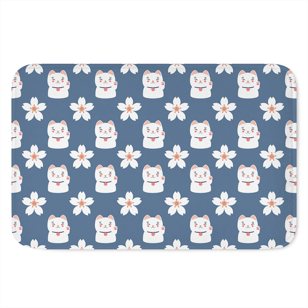 Japanese Lucky Cat And Sakura Print Indoor Door Mat