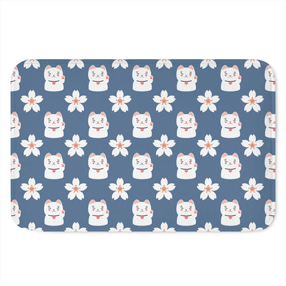 Japanese Lucky Cat And Sakura Print Indoor Door Mat