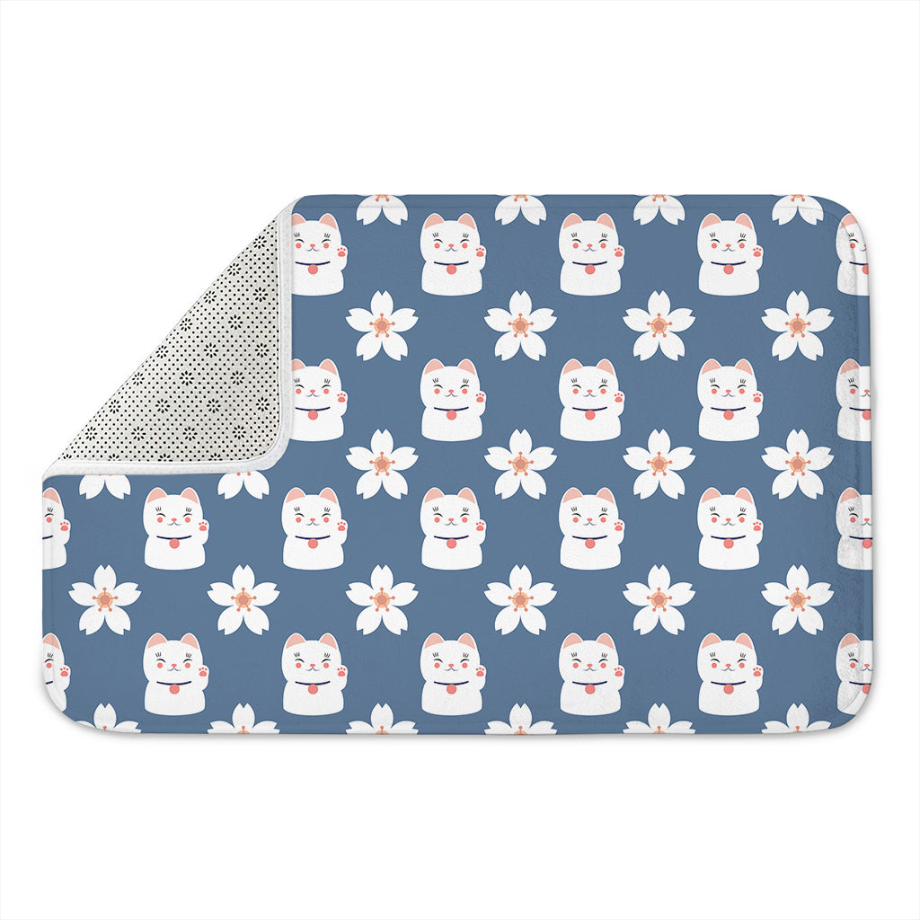 Japanese Lucky Cat And Sakura Print Indoor Door Mat