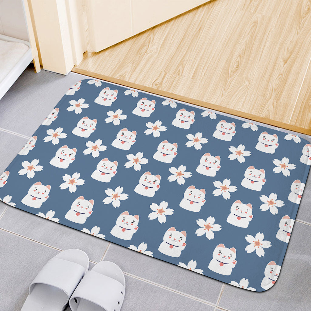 Japanese Lucky Cat And Sakura Print Indoor Door Mat