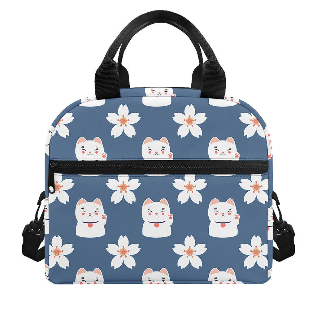 Japanese Lucky Cat And Sakura Print Insulated Lunch Bag