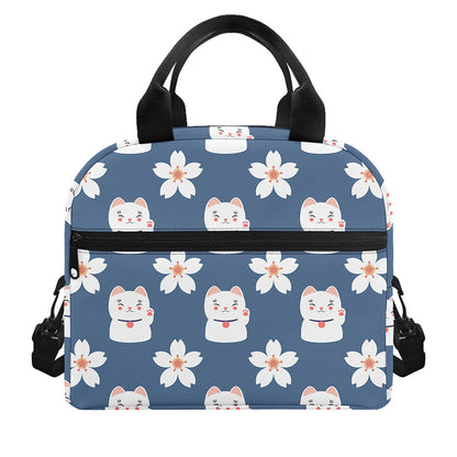 Japanese Lucky Cat And Sakura Print Insulated Lunch Bag