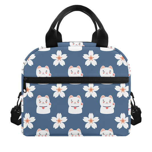 Japanese Lucky Cat And Sakura Print Insulated Lunch Bag