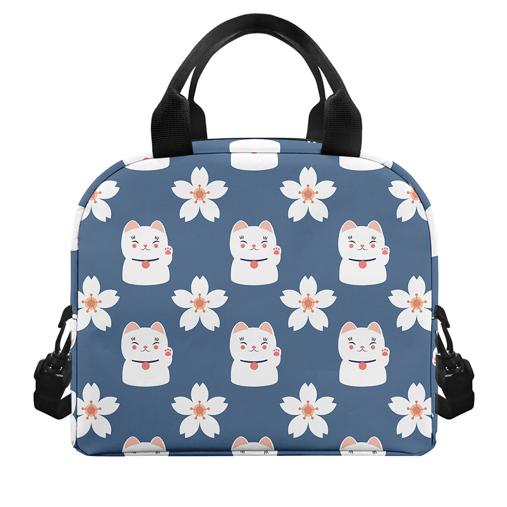 Japanese Lucky Cat And Sakura Print Insulated Lunch Bag