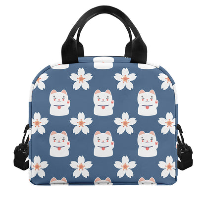 Japanese Lucky Cat And Sakura Print Insulated Lunch Bag