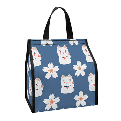 Japanese Lucky Cat And Sakura Print Insulated Lunch Tote