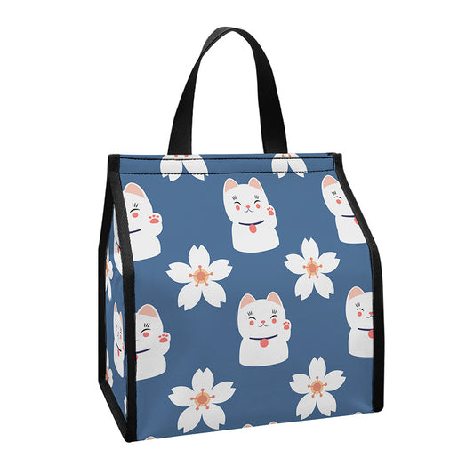 Japanese Lucky Cat And Sakura Print Insulated Lunch Tote