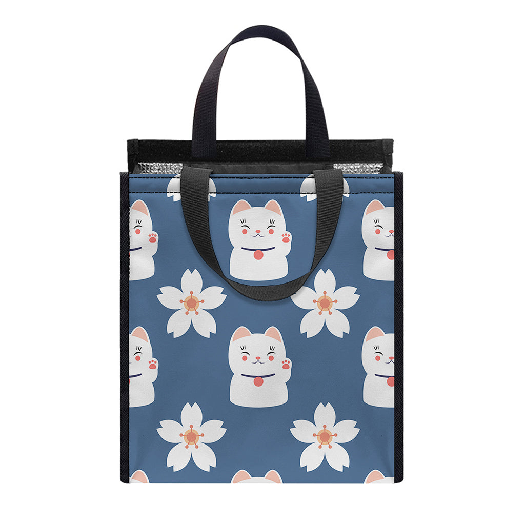 Japanese Lucky Cat And Sakura Print Insulated Lunch Tote