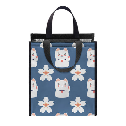Japanese Lucky Cat And Sakura Print Insulated Lunch Tote