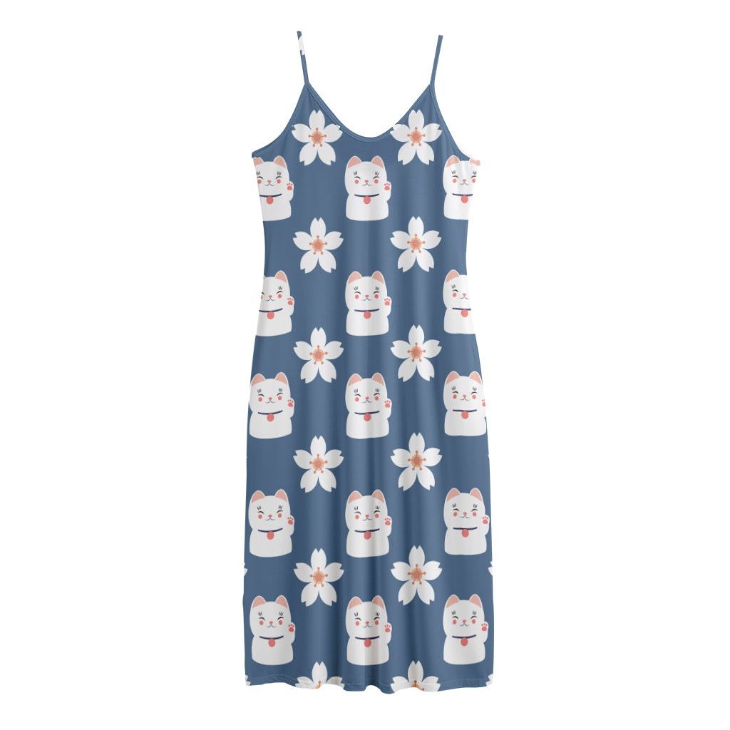 Japanese Lucky Cat And Sakura Print Jersey Midi Cami Dress
