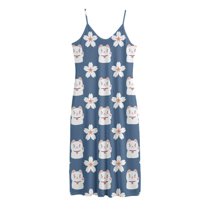 Japanese Lucky Cat And Sakura Print Jersey Midi Cami Dress