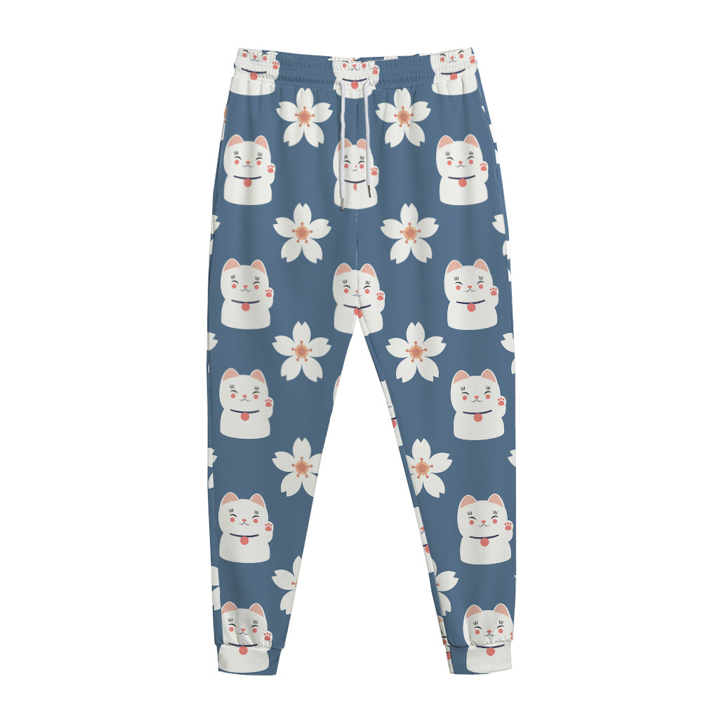 Japanese Lucky Cat And Sakura Print Jogger Pants
