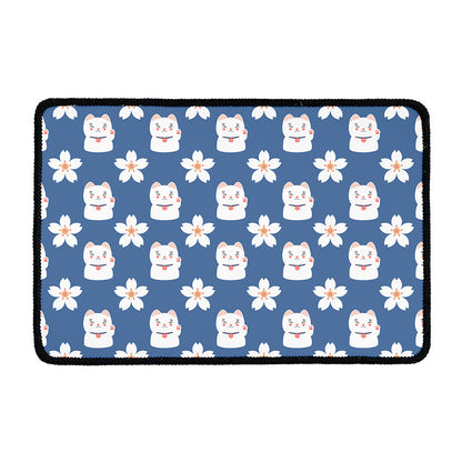 Japanese Lucky Cat And Sakura Print Kitchen Mat