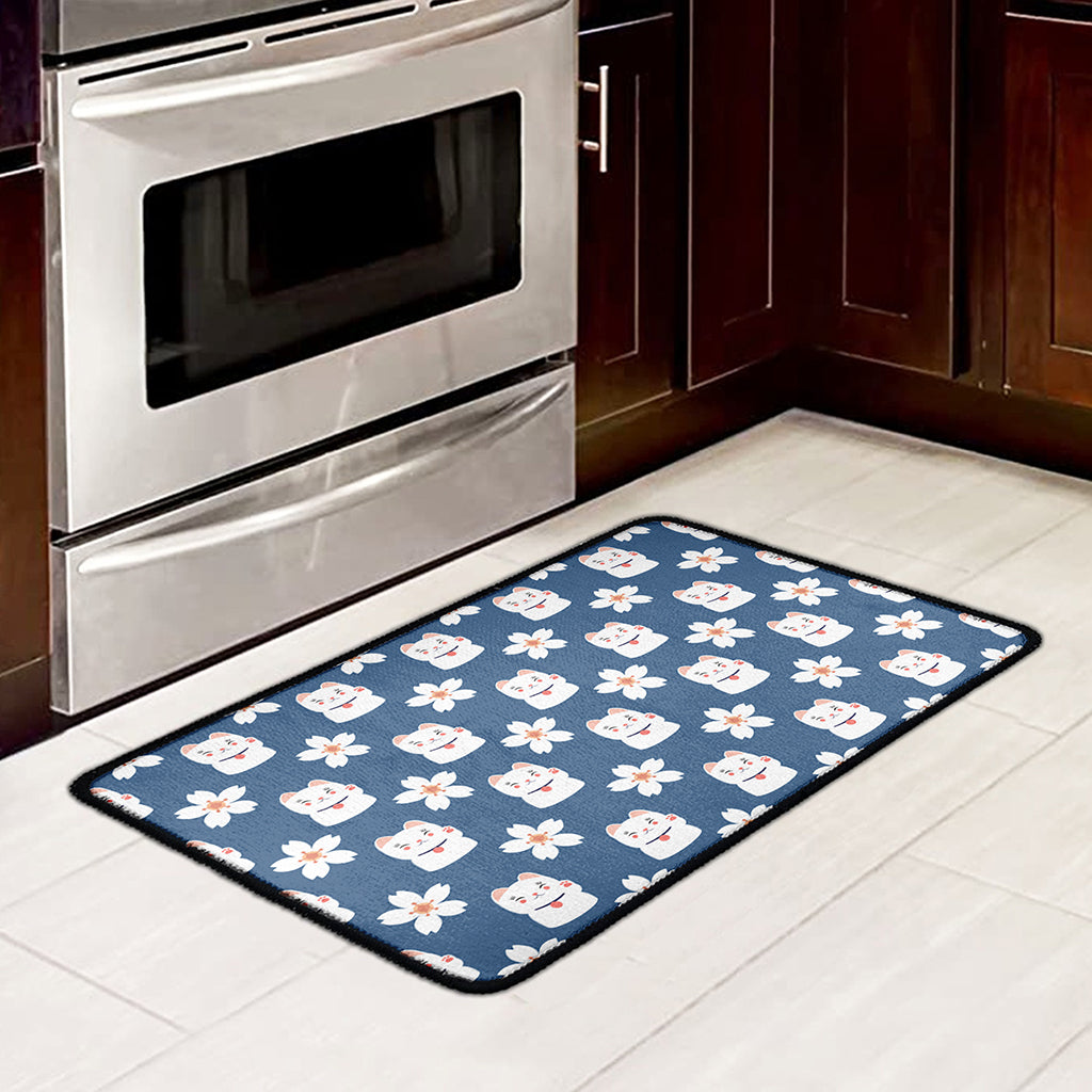 Japanese Lucky Cat And Sakura Print Kitchen Mat