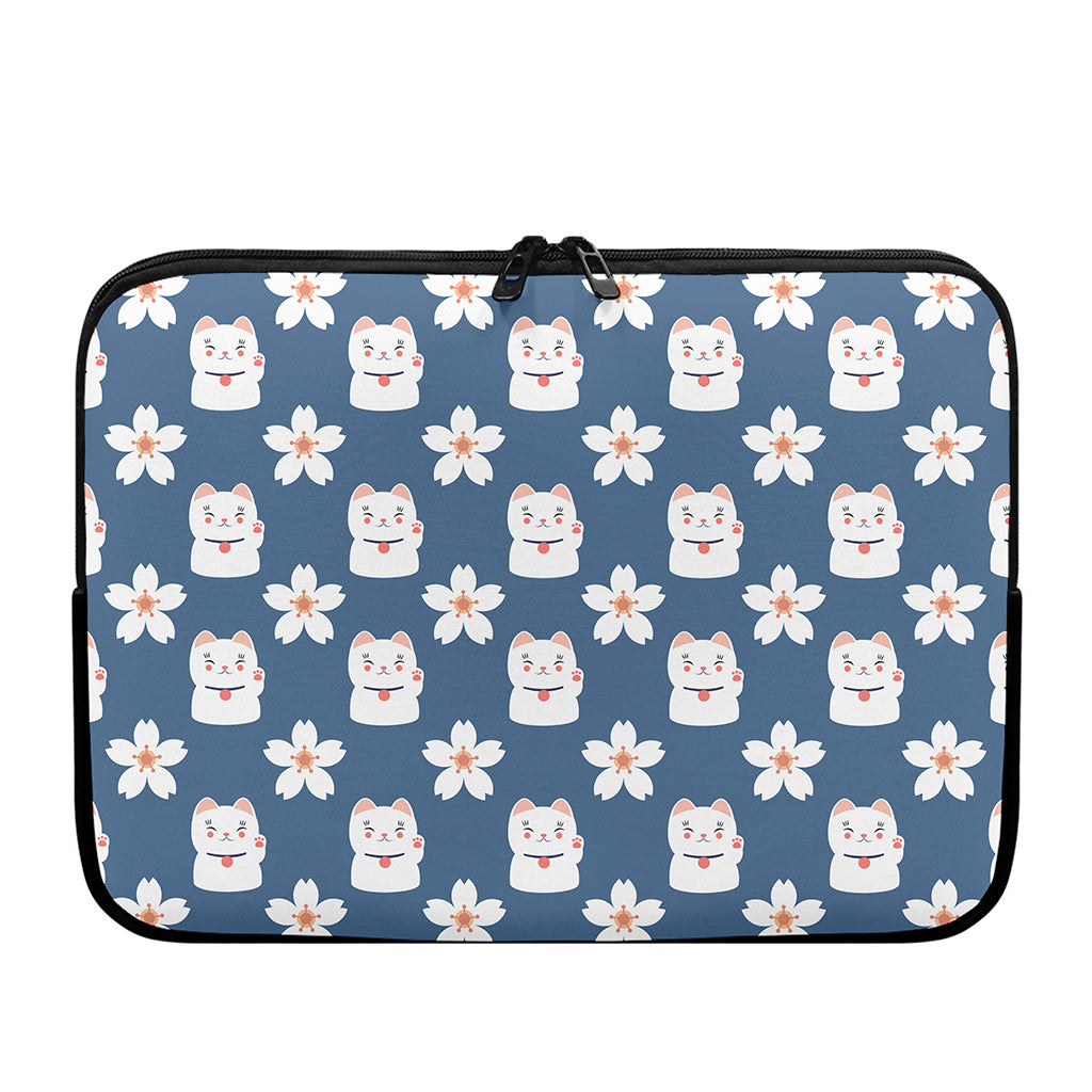 Japanese Lucky Cat And Sakura Print Laptop Sleeve