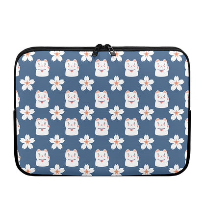 Japanese Lucky Cat And Sakura Print Laptop Sleeve