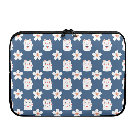 Japanese Lucky Cat And Sakura Print Laptop Sleeve
